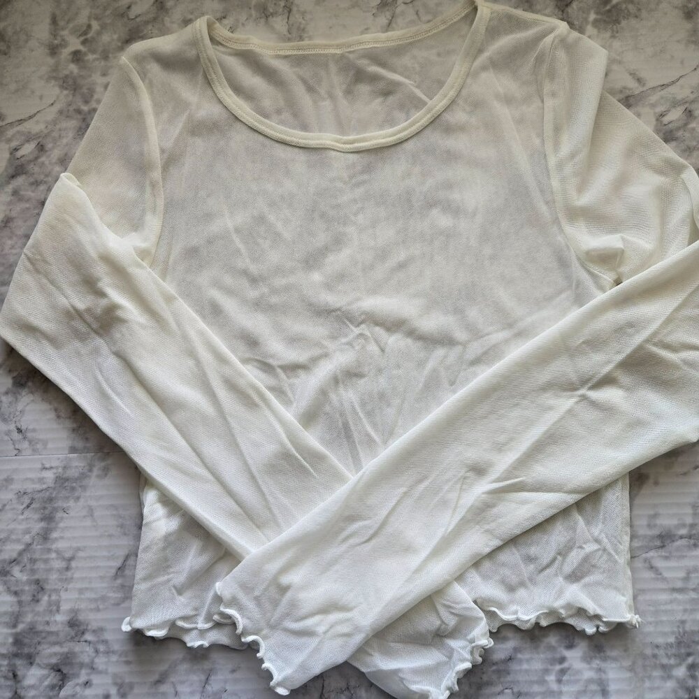NWOT Aerie Sheer Mesh Long Sleeve Top White, Womens Sz M (SKU 26-0120)